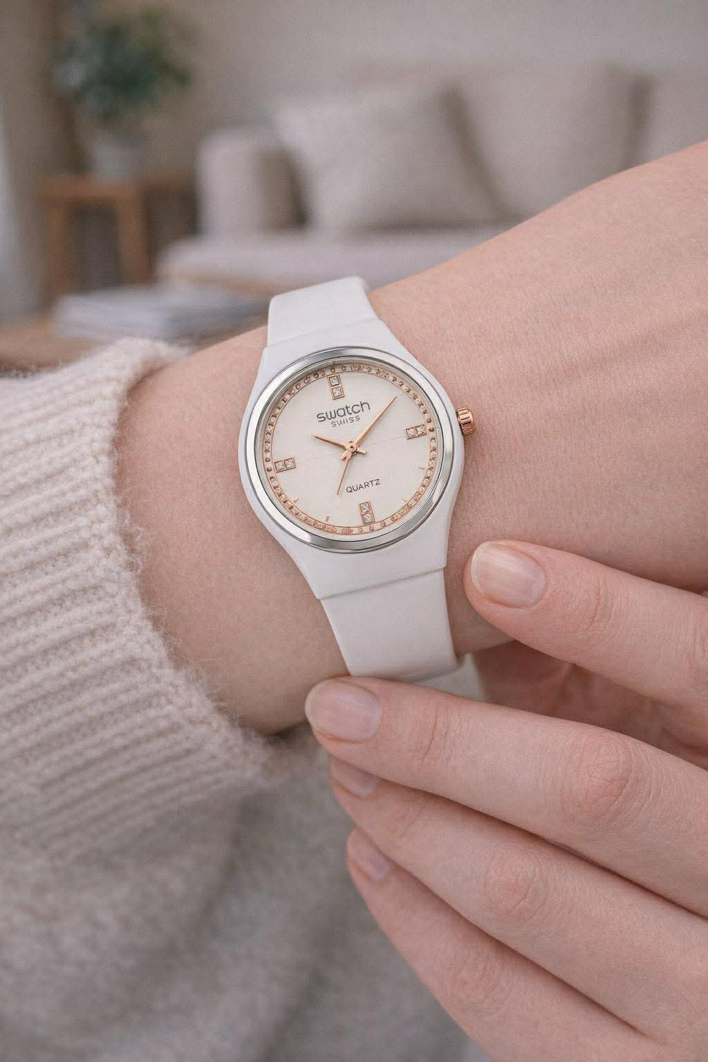 Montre Swatch Blanche Élégante – Glitter Dial