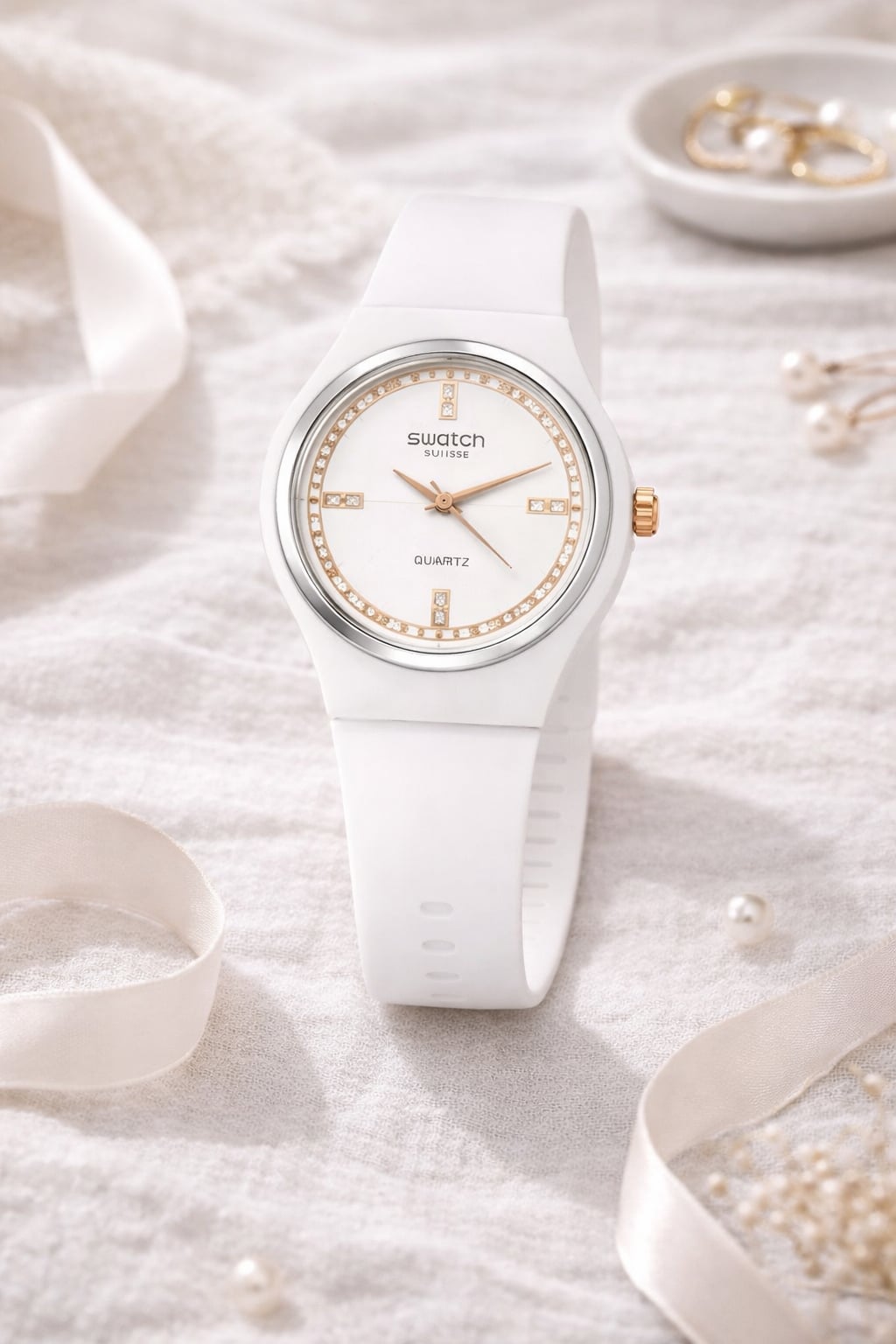 Montre Swatch Blanche Élégante – Glitter Dial